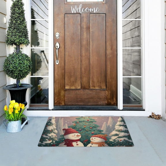 Two Cute Snowman in Christmas Tree Forest Doormats Welcome Mats Gate Pads Entryway Outdoor 32" x 20"