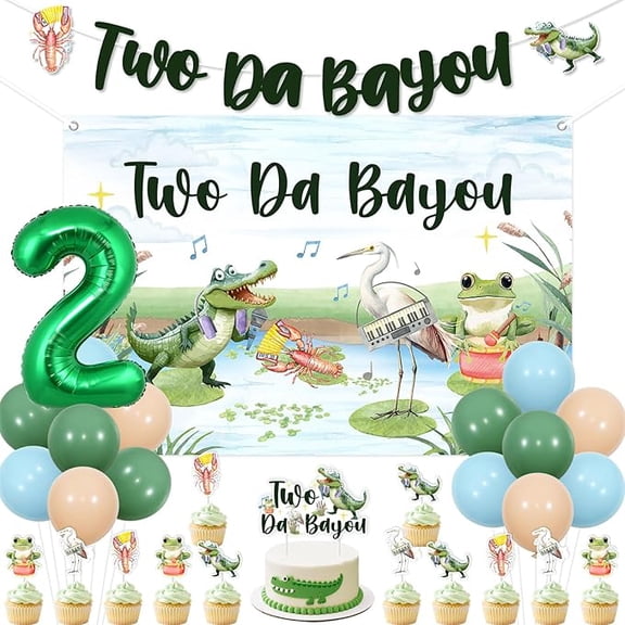 Two Da Bayou Reptile Birthday Decorations Two Da Bayou Backdrop Banner Swamp Party Decorations Crocodile Crawfish Jungle Theme Cake Topper Swamp Party Supplies for Jungle Lizard 2nd Bday
