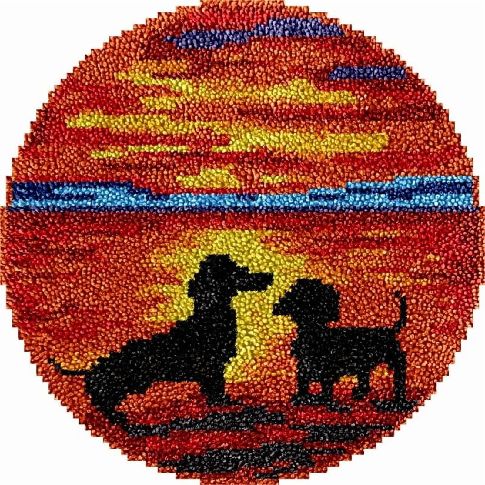 Two Dachshunds under Sunset Round Shape Latch Hook Rug Kits Set for Starter Crochet Hook Cushion Mat Sofa Seat Cushion Crocheting Kits with Preprinted Canvas Crochet Yarn Kits 50X50cm (ui153)