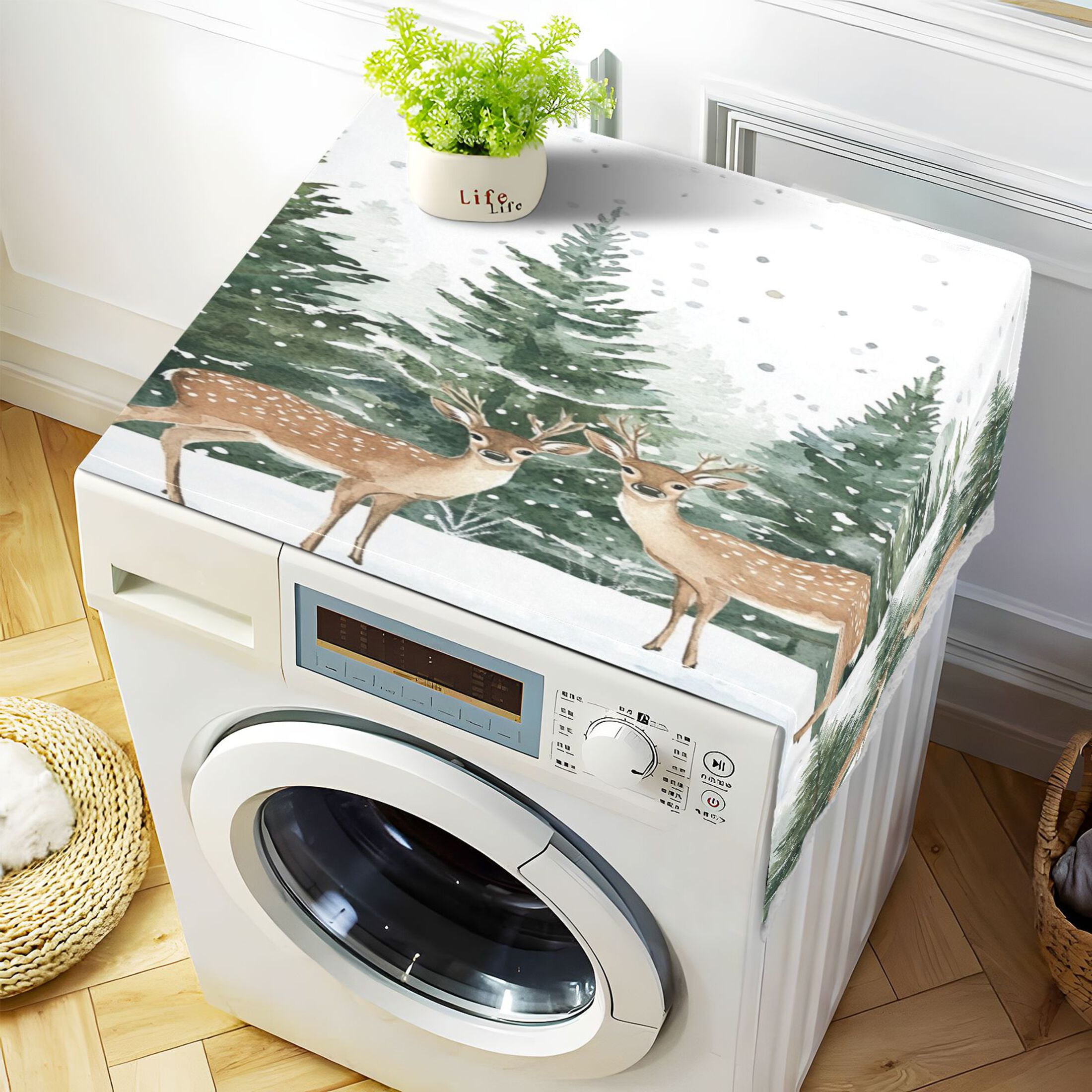 Two Deer Are in The SnowWasher and Dryer Covers Dust-Proof and Oil Resistant Fridge Cover with 4 Storage Pockets Washing Machine Top Cover for Laundry Kitchen Home 51.2 x 22 In