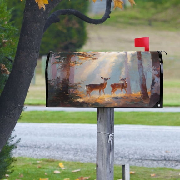 Two Deer in Forest Magnetic Mailbox Cover Rust Protection Yard Decor 20.7" x 18.03"