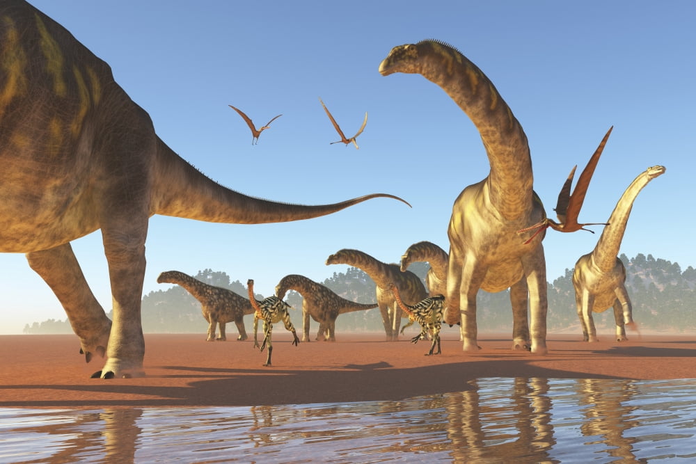 Two Deinocheirus move along with a herd of Argentinosaurus Canvas Art - Corey FordStocktrek Images (35 x 24)