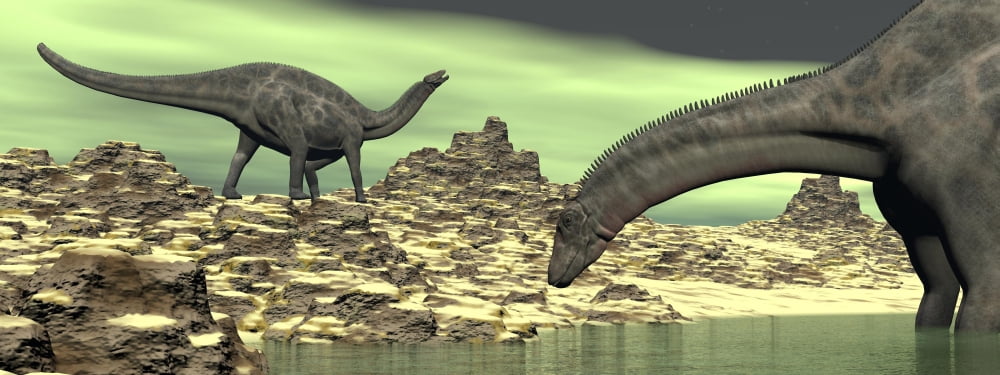 Two Dicraeosaurus dinosaurs in a desert landscape Canvas Art - Elena DuvernayStocktrek Images (23 x 9)
