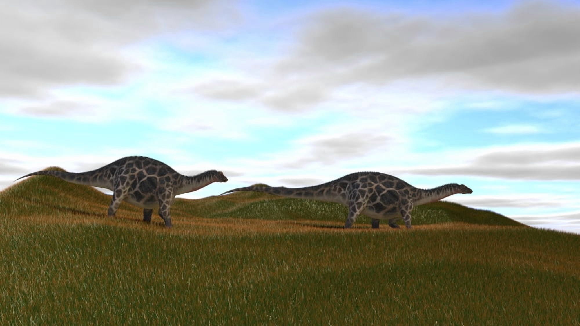Two Dicraeosaurus walking across prehistoric grasslands Canvas Art - Kostyantyn IvanyshenStocktrek Images (38 x 22)