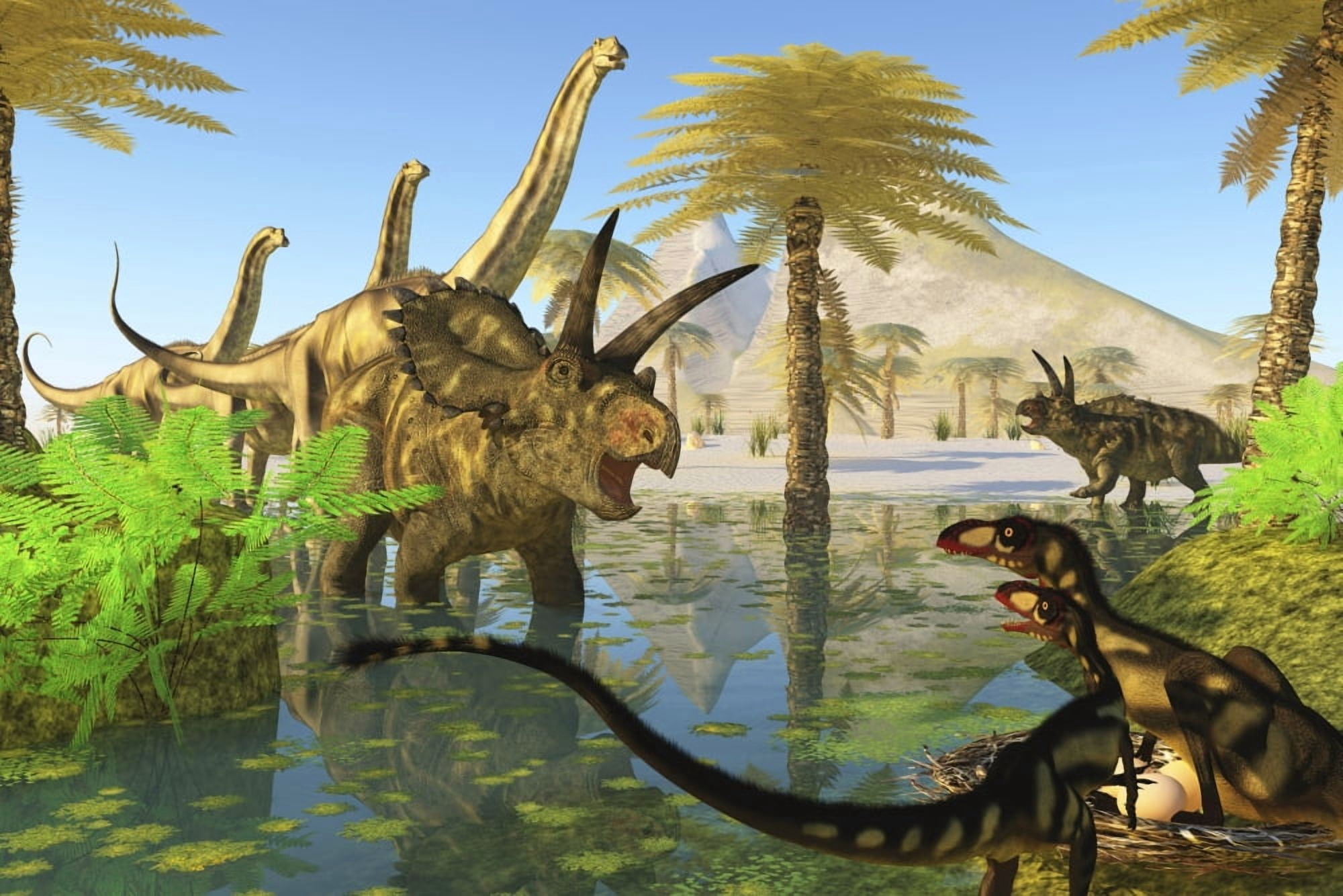 Two Dilong dinosaurs guard their nest from a Coahuilaceratops Canvas Art - Corey FordStocktrek Images (18 x 12)