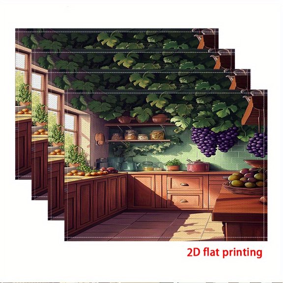 Two-Dimensional Printed Placemats Available in Sets of 4, Featuring Vibrant Grapes And Fresh Produce in a Bright Kitchen, Ideal for Decorating Kitchens And Restaurants, As Well As for Party Setups