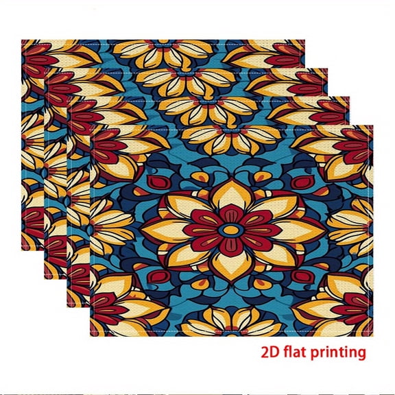Two-Dimensional Printed Placemats Available in Sets of 4, Featuring a Vibrant Mandala Floral Design with a Symmetrical Layout, Perfect for Family Gatherings And Kitchen Decoration.