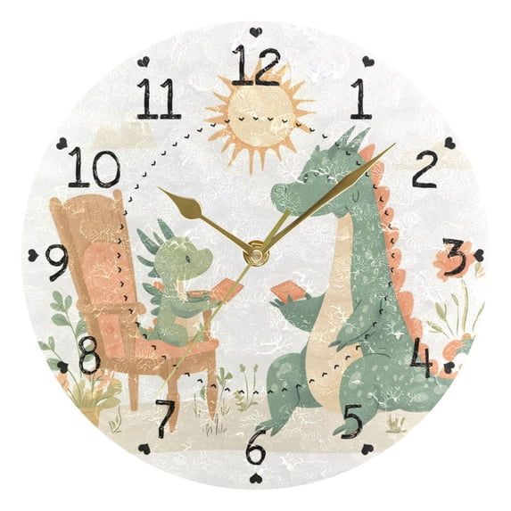 Two Dinosaurs Reading Books Round Wall Clock Silent Analog Battery Operated Gold Pointer Home Decor 9.84" Diameter