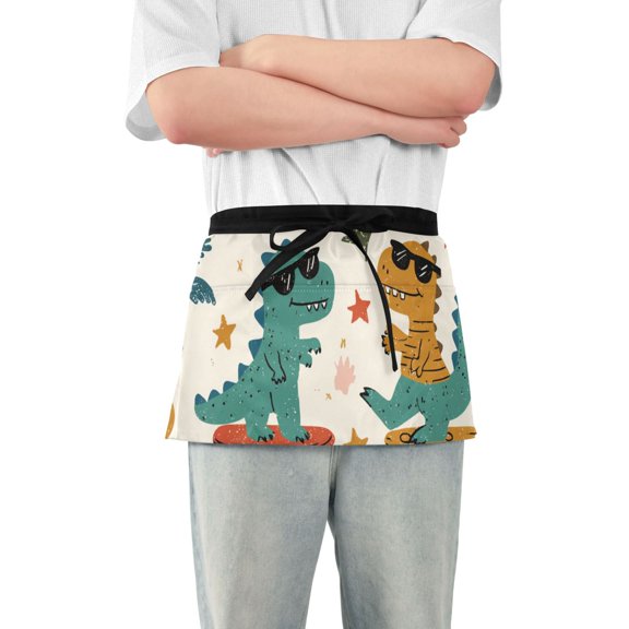 Two Dinosaurs on Skateboard Trees Short Server Apron with 3 Pockets for Unisex Chef Gardening