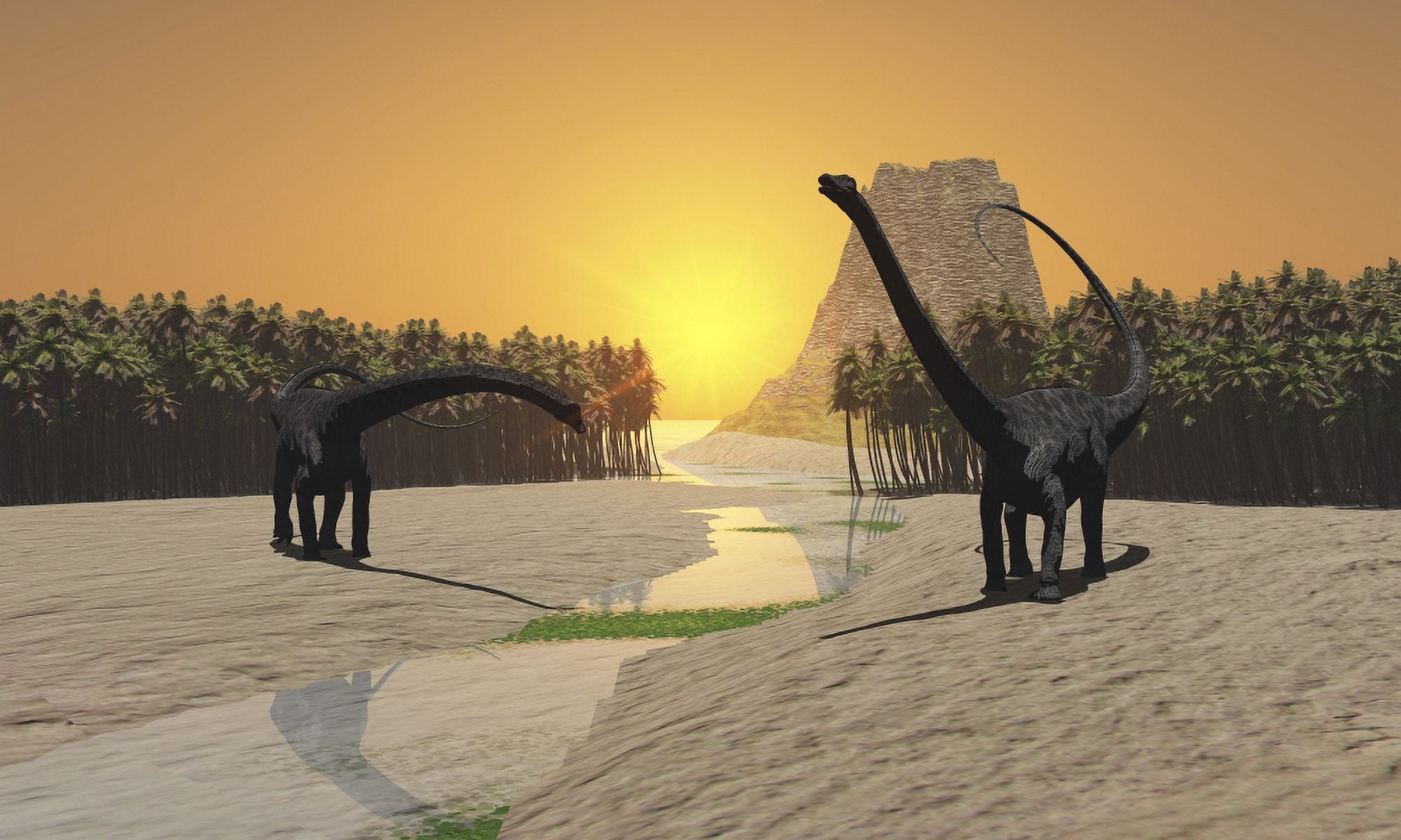 Two Diplodocus dinosaurs come to a river for a drink in prehistoric times Canvas Art - Corey FordStocktrek Images (18 x 11)