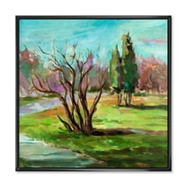 Two Distant Trees In A Vibrant Green Landscape 16" x 16" Framed Painting Canvas Art Print, by Designart