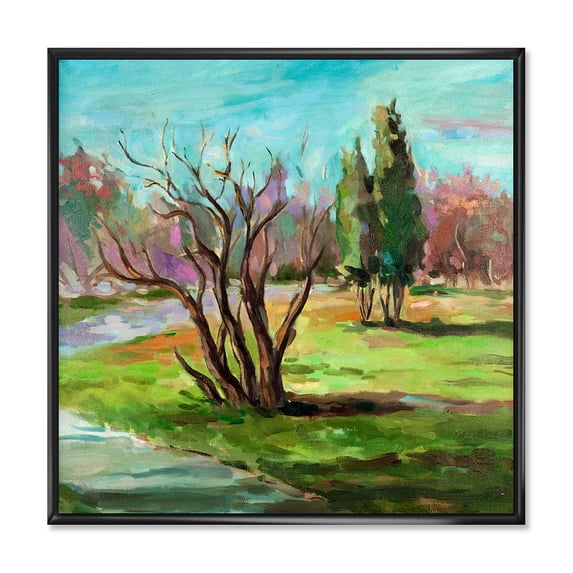 Two Distant Trees In A Vibrant Green Landscape 36 in x 36 in Framed Painting Canvas Art Print, by Designart