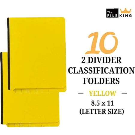 Two Divider Pressboard Classification Yellow File Folder - Letter Size | Box of 10 | End Tab | 2" Expansion | Six 2-Inch Fastener Prongs | Made in America