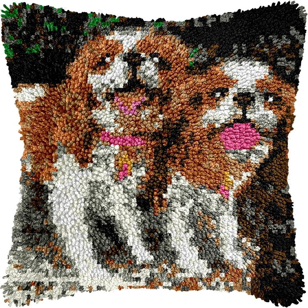 Two Dogs Latch Hook Pillow Kits for DIY Throw Pillow Cushion Embroidery Latch Hooking Pillowcase Kits with Preprinted Canvas Crochet Yarn Kits for Home Decor 17''X 17''(d229)