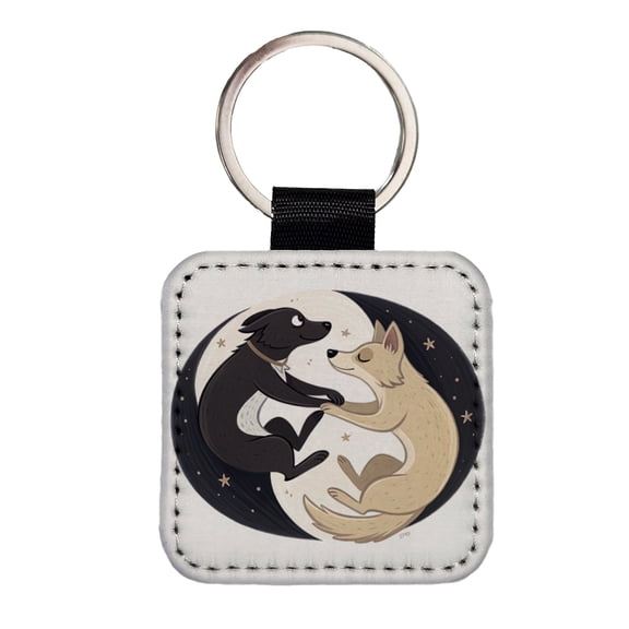 Two Dogs Yin Yang Faux Leather Square Keychain
