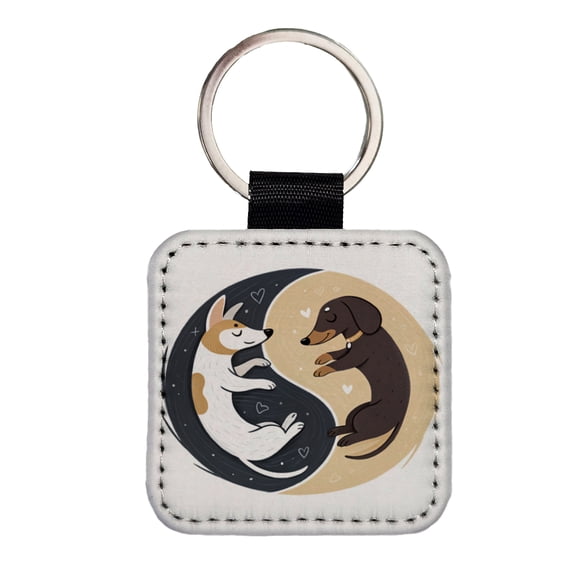 Two Dogs Yin Yang Illustration Faux Leather Square Keychain