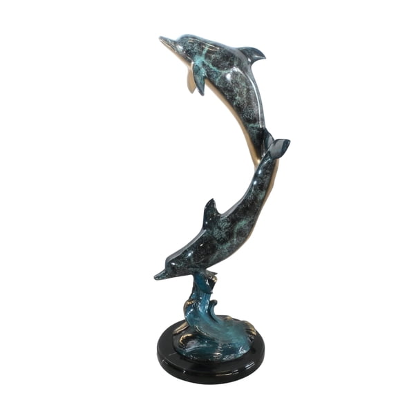 Two Dolphins Bronze Sculpture Leaping Wave Statue 10"x9"x24"H