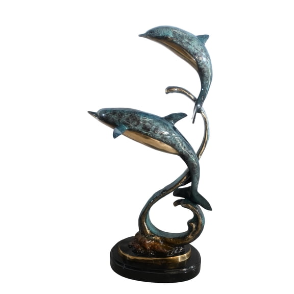 Two Dolphins Bronze Sculpture Spiral Formation 16"x11"x30"H