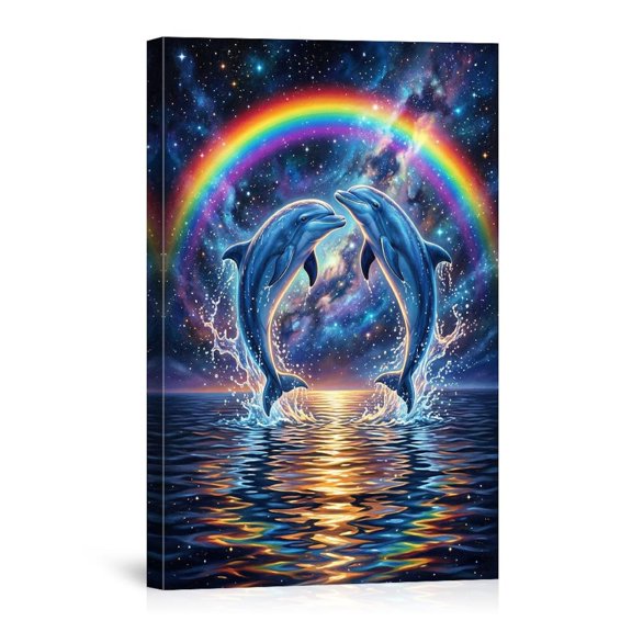 Two Dolphins Jumping With Rainbow Ocean Life For Bedroom Living Room Canvas
