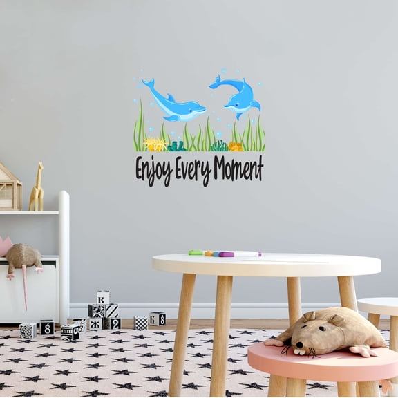 Two Dolphins Swinning Togerther Enjoy Every Moment Sea Creatures Great White Bass Boat Porpus Whale Just A Girl That Loves Dolphins Holiday Gift Decorating Wall Decal Sticker - Size: 30 In X 27 In