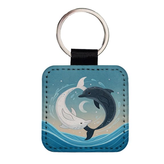 Two Dolphins Yin Yang Dark Light Faux Leather Square Keychain