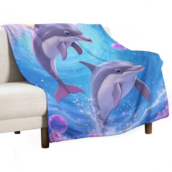 Two Dolphins in A Colorful Underwater Scene Blanket Soft Throw Warm Lightweight Plush Blanket for Couch Bed Sofa