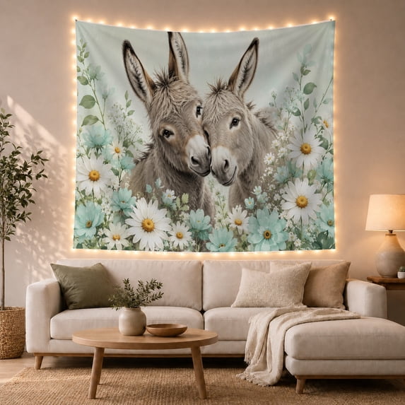 Two Donkeys Among Daisy Flowers Cozy Farmhouse Illustration for Animal Lovers Country Wall Decor Housewarming Gift Tapestry Wall Hanging for Bedroom, Living Room and Entryway
