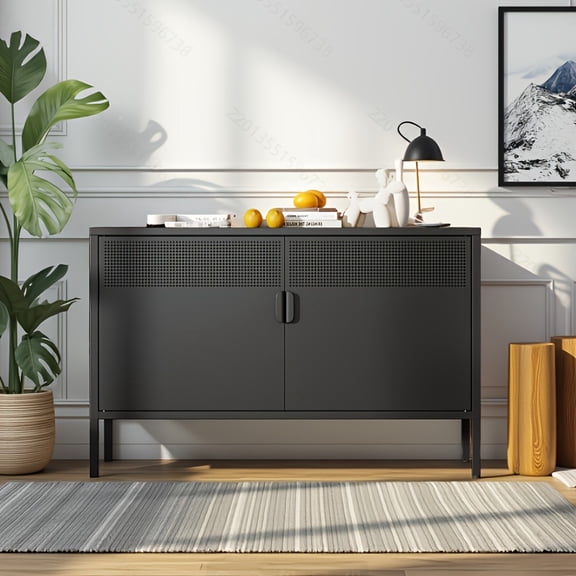 Two-Door Metal Storage Cabinet Featuring Adjustable Shelves - A Versatile 2-Tier Accent Cabinet Suitable for Home Office, Kitchen, Or Garage | Industrial Farmhouse Style Steel Cabinets