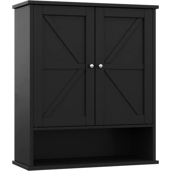 Two Door Wall Cabinet, Wooden Medicine Cabinet, Wall Mounted Bathroom Storage Cabinet with Inner Adjustable Shelf, for Bathroom, Kitchen, Entryway, Black BMGZ103B