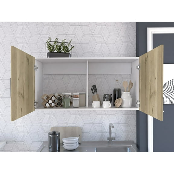 Two Doors Cabinet , White/ Oak Look, Shelves Wall With For Recreation