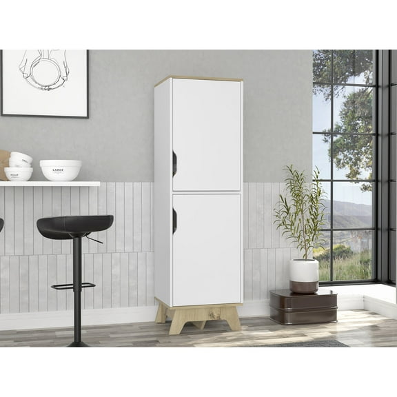 Two-Doors Cabinet for Storage | Contemporary Design with Light Oak | White Main Color | Four Shelves for Various Needs