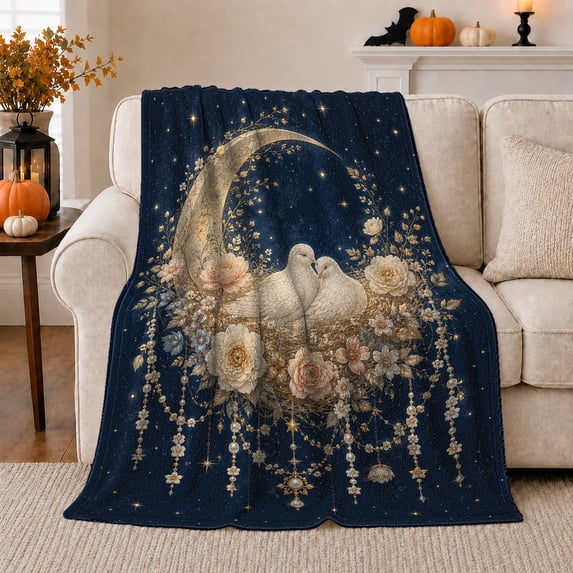 Two Doves Floral Nest Beneath Golden Moon Peaceful, Cozy Friendship Quote Scene, Warm Flannel Blanket for Living Room and Reading Nook, Art Lovers Friendship Gift, Artistic Home Decor