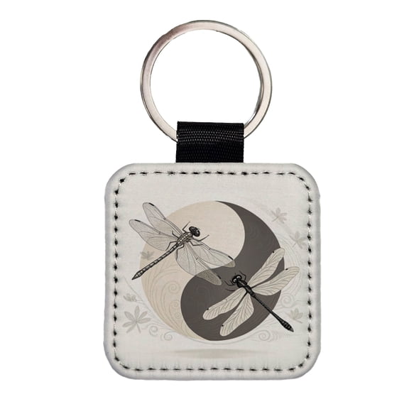 Two Dragonflies Yin Yang Faux Leather Square Keychain