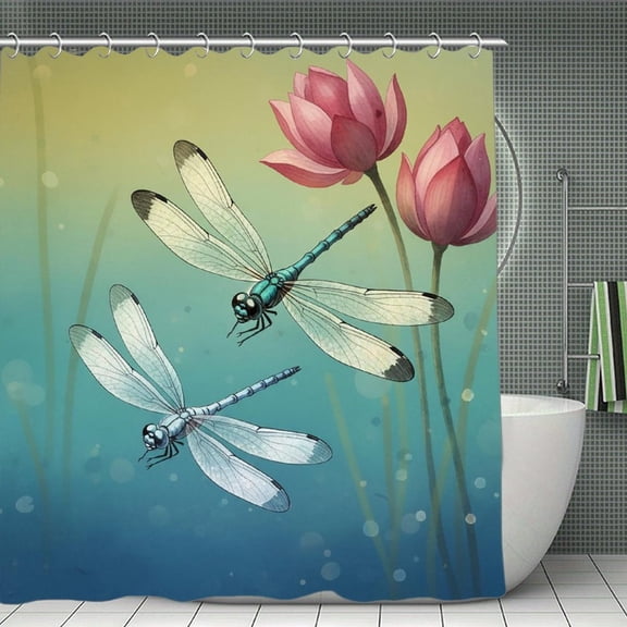 Two Dragonfly Print Shower Curtain,Modern Fabric Waterproof Shower Curtain Set with Hooks 70.8×70.8Inch (180×180cm)
