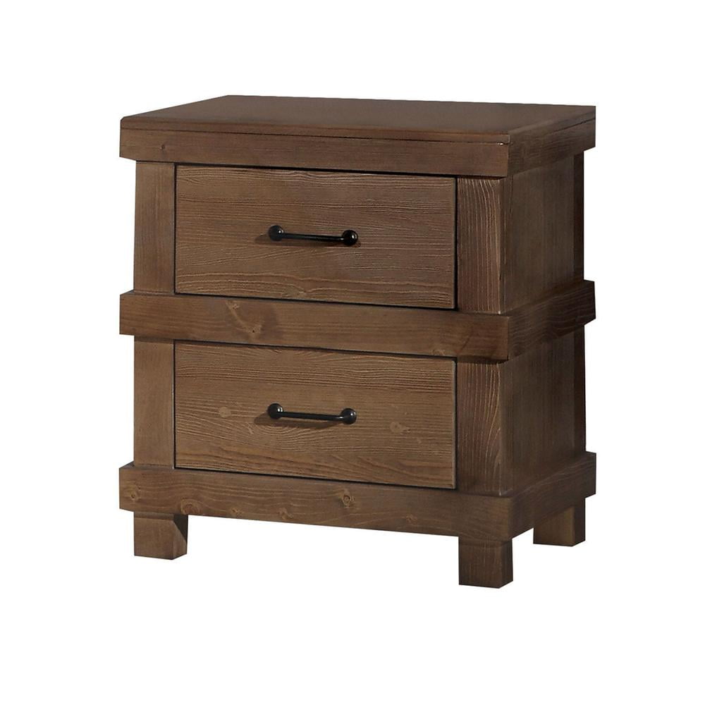 Antique Oak Two Drawer Nightstand with Metal Handles