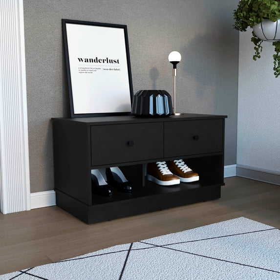 Two Drawers & Two Open Shelves Metal Rails - Bedroom Storage Solution in Modern Style