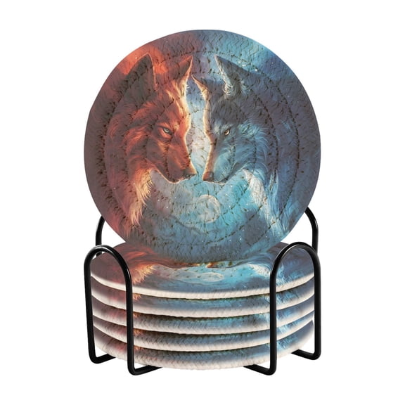 Two Dueling Wolves Drinking Coasters Cup Mat with Holder for Kitchen Cafe Bar 6 Packs