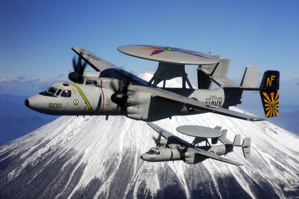 Two E-2C Hawkeyes conduct a flyby of Mount Fuji in Japan Canvas Art - Stocktrek Images (34 x 23)