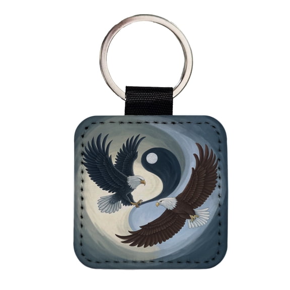 Two Eagles Yin Yang Faux Leather Square Keychain
