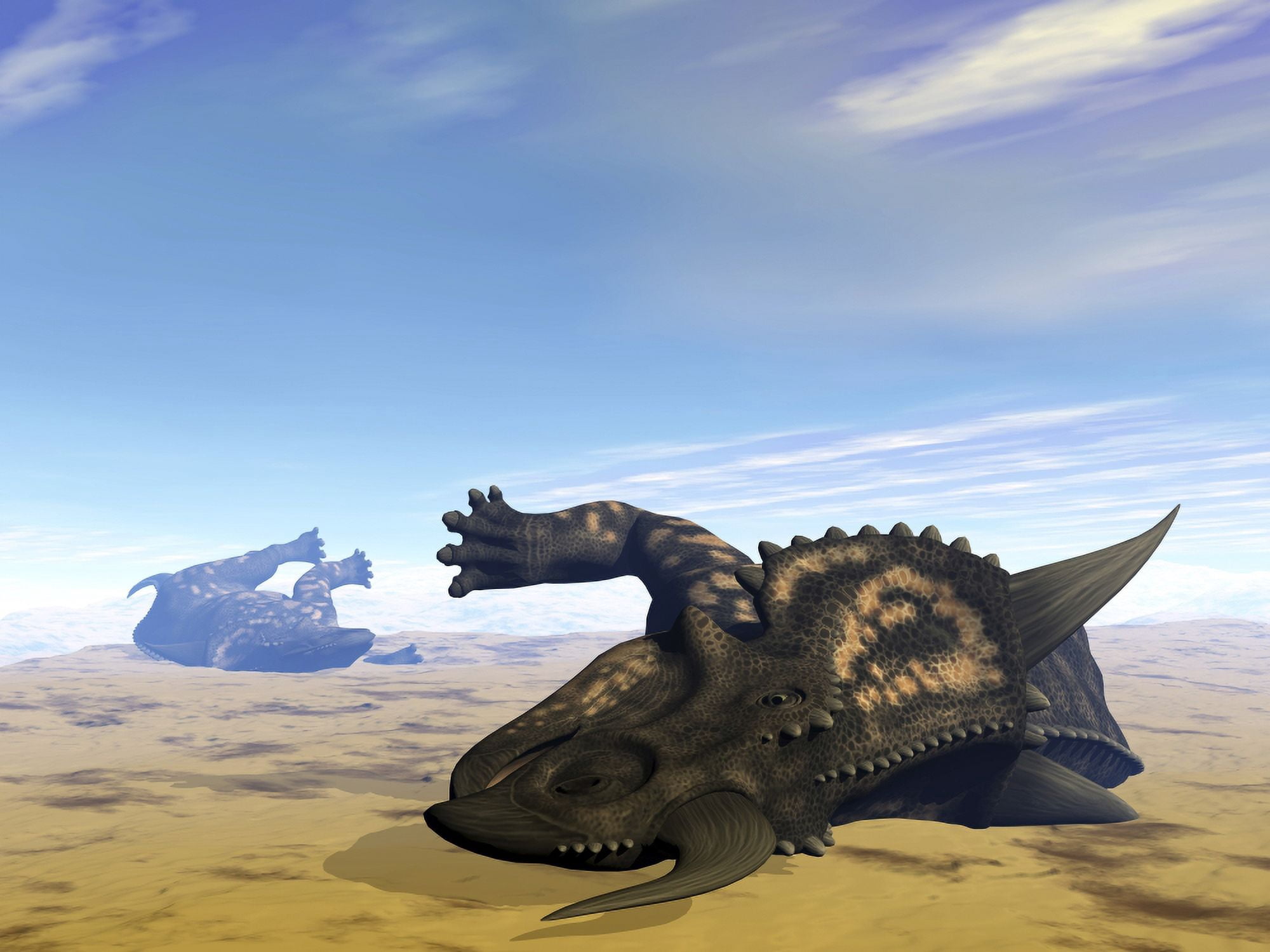 Two Einiosaurus dinosaurs dead in the desert because of lack of water Canvas Art - Elena DuvernayStocktrek Images (33 x 25)