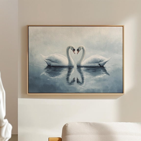 Two Elegant Swans Forming A Heart Shape On Tranquil Water – Romantic Reflection In A Serene And Misty Lake Wall Art, Modern Wall Decor, 24x36 UNFRAMED