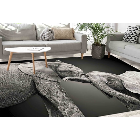 Two Elephant Rugs, Black and White Rug, Animal Rugs, Personalized Rugs, Customs Rugs, Printed Rug, Lovely Elephant Rugs, Office Decor Rugs, 5.9'x9.2' - 180x280 cm