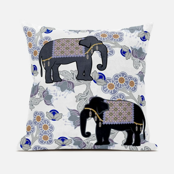Two Elephants Indoor/Outdoor Pillow with Removable Cover in Gray Black Blue16x16