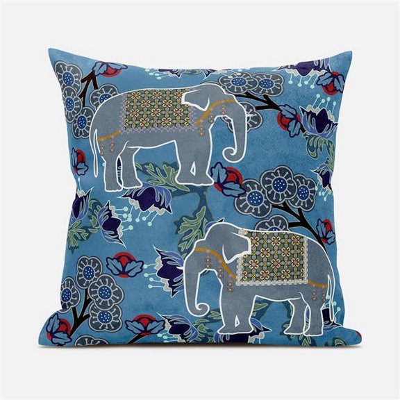 Two Elephants Throw Pillow with Removable Cover in Blue White 16x16