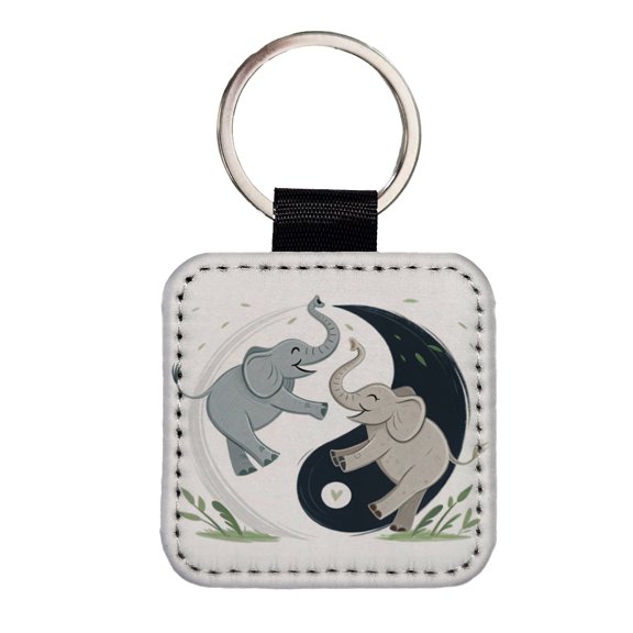 Two Elephants Yin Yang Cute Faux Leather Square Keychain