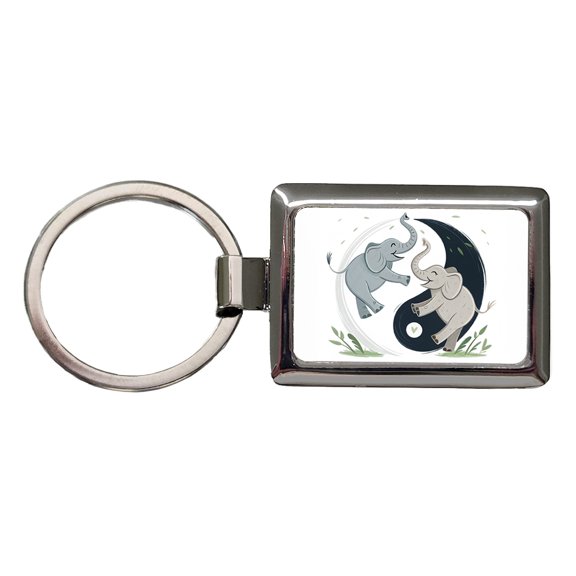Two Elephants Yin Yang Cute Metal Rectangle Keychain
