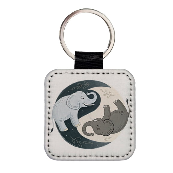 Two Elephants Yin Yang Faux Leather Square Keychain