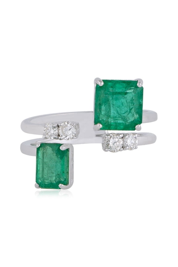 Two Emerald Stone Solid 18 Kt White Gold SI Clarity HI Color Diamond Promise Cuff Ring