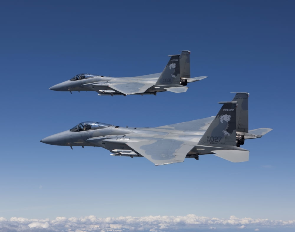Two F-15 Eagles conduct air-to-air training over Oregon Canvas Art - HIGH-G ProductionsStocktrek Images (33 x 26)
