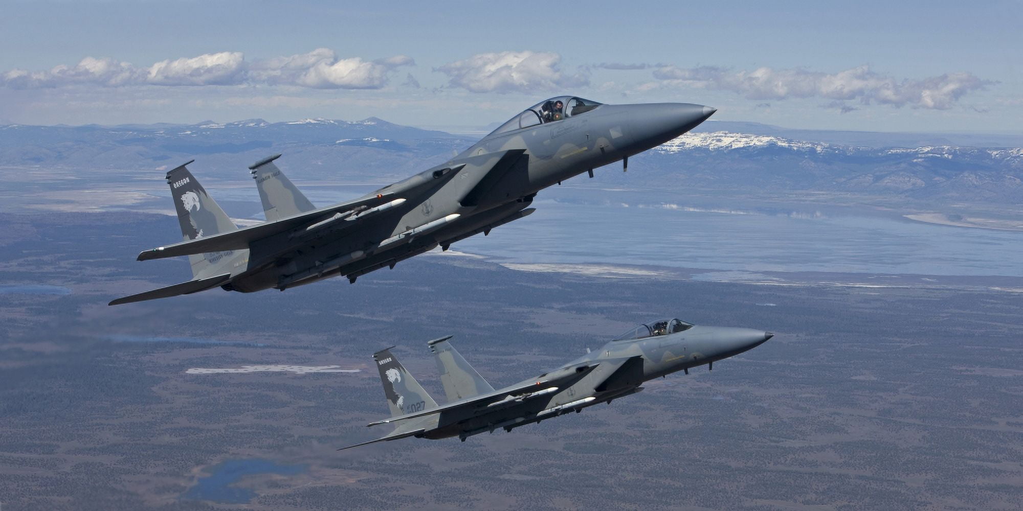 Two F-15 Eagles conduct air-to-air training over Oregon Canvas Art - HIGH-G ProductionsStocktrek Images (40 x 20)